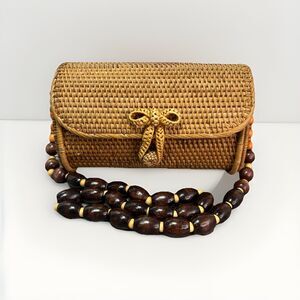 Free People Woven Rattan Wicker Purse‎ Wooden Bead Strap Boho Bag